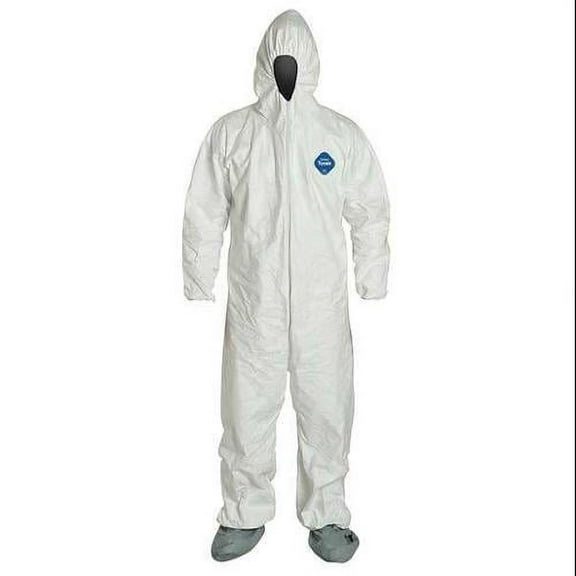 Tyvek 400 Hooded Disposable Coverall, Attached Skid-Resistant Boots, Elastic Wrist, 2XL, White