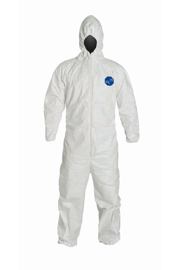 Tyvek 400 Hooded Disposable Coveralls, XL, Zipper, Elastic Wrist, Elastic Ankle, White, PK6
