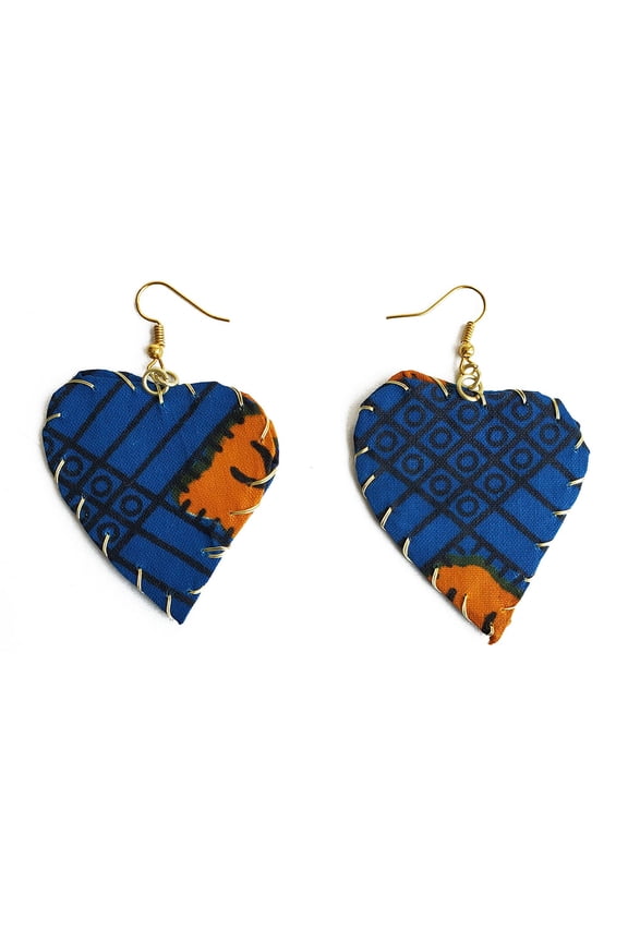 Blue Heart-shaped fishhook Earrings wrapped in African Print Fabric