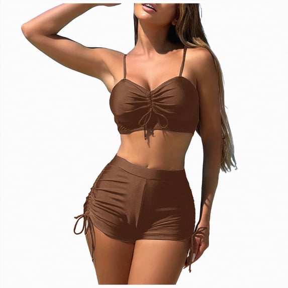 Duqingm 2 Piece Bathing Suits for Women Women Two Piece Bathing Suits Push Up Bikini Set Halter Swimsuit Vintage Swimwear Coffee,M