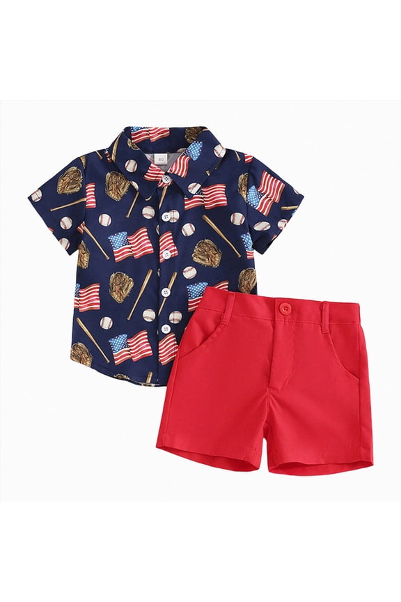 4th Of July Outfits for Boys 3 6 9 12 18 24 Months 2T 3T 4T Patriotic 2Pcs Clothes USA Print Short Sleeve Button T-shirt Flag Short Set(Blue,6-12 Months)