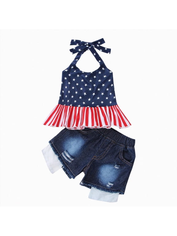 4th of July Toddler Baby Girl Outfit Red White Blue Tank Top T-shirt Tops Distressed Shorts Fourth of July Girls Clothes 6 9 12 18 24 Months 2T 3T 4T(BU1,3-4 Years)