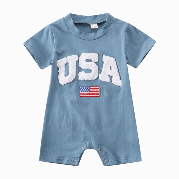 Duqingm 4th of July Baby Outfit Infant Boy Girl Romper USA Embroidery Short-Sleeve Crewneck One-Piece Holiday Outfit Blue,3-6 Months