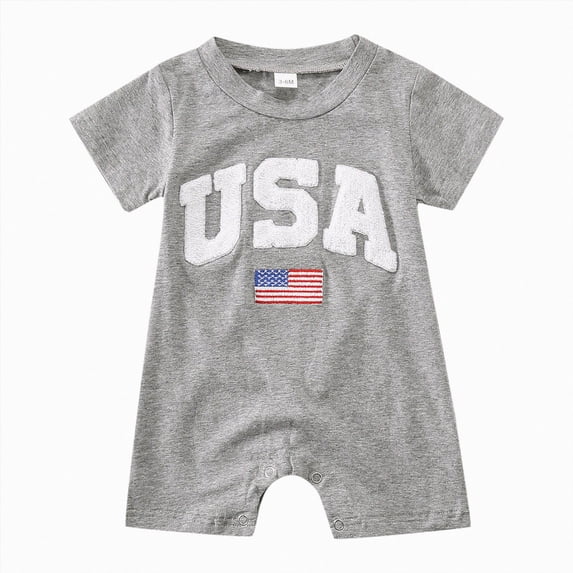 Duqingm 4th of July Baby Outfit Infant Boy Girl Romper USA Embroidery Short-Sleeve Crewneck One-Piece Holiday Outfit Grey,3-6 Months