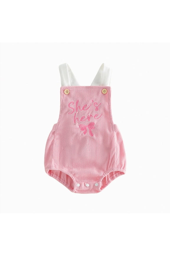Baby Boy Girl Outfit Sleeveless Corduroy Overalls He's/She's Here Letter Cake Smash Romper Pink,12-18 Months