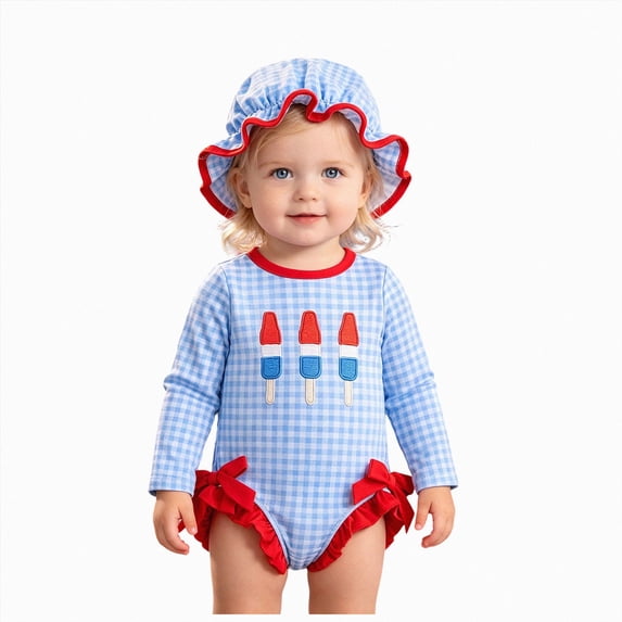Duqingm Baby Girl 4th of July Swimsuit Baby Girls One Piece Swimsuit Romper Popsicle Bathing Suit Girl Beach Rash Guard Baby Girl Swim Suit Sky Blue,18-24 Months