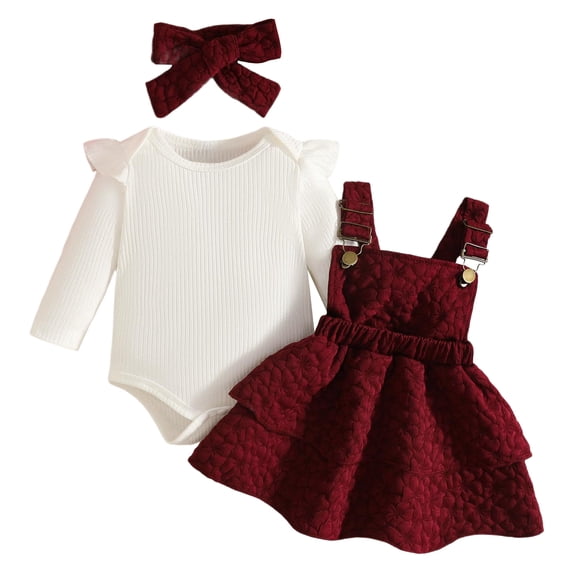Duqingm Baby Girl Clothes Newborn Infant Fall Winter Outifts Ribbed Ruffle Long Sleeve Romper Skirt Outfit Set 3pcs (Red,6-9 Months)