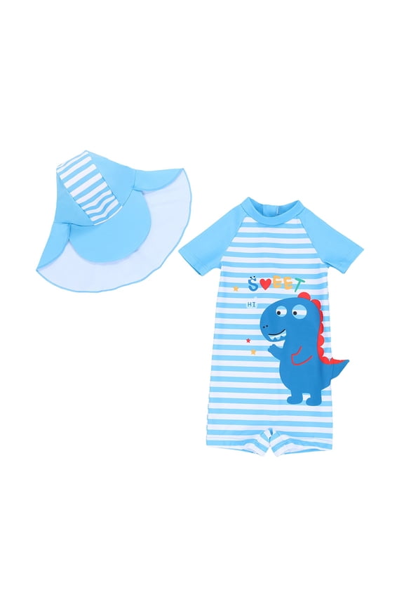 Baby Toddler Girls Boys Float Suit One Piece Cartoon Short Sleeve Zip up Buoyancy Swimsuit +Cap Blue,2-3 Years