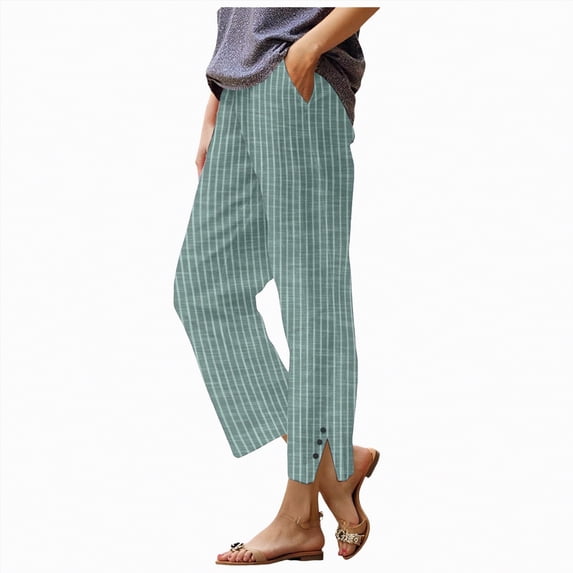Duqingm Baggy Pants Trousers Pants for Women Striped Drawstring Wide Leg Elastic Waist Pants Casual Trousers with Pockets Green,S