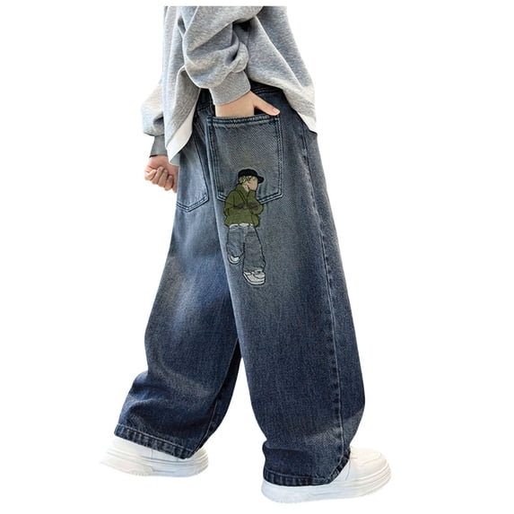Duqingm Boys Cargo Jeans Kids Baggy Elastic Waist Wide Leg Denim Pants with Pockets 5-16 Years (Blue,13-14 Years)