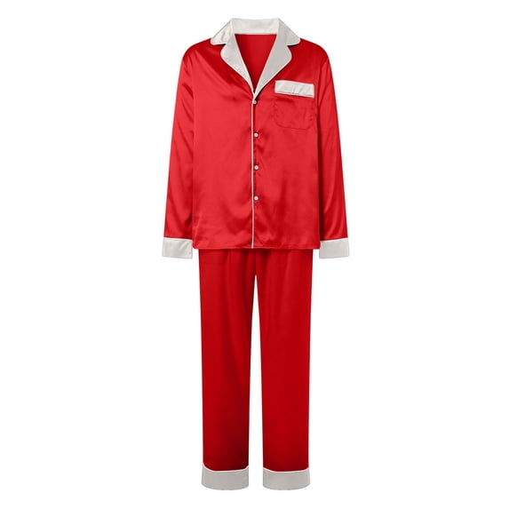 Duqingm Christmas Pyjamas Set for Family Couples Matching Pajamas Silk Long Sleeve Sleepwear Satin Soft Button Down Loungewear Pjs Set Red,2XL
