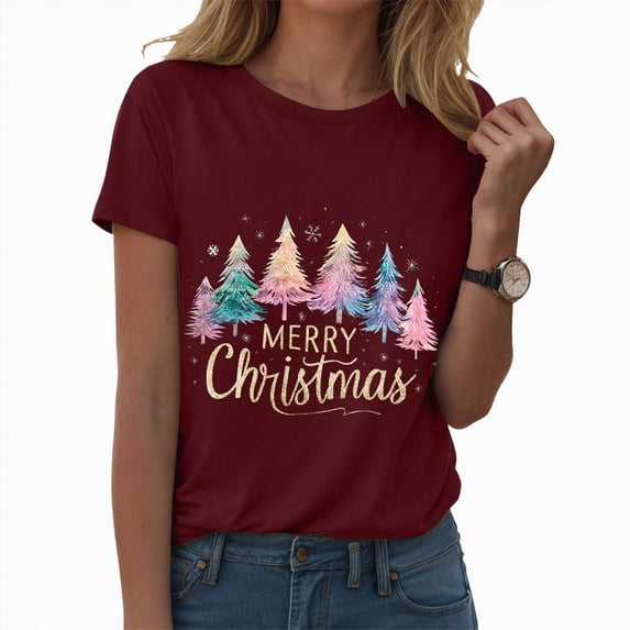 Duqingm Christmas Vibes Shirt Christmas Shirts for Women Short Sleeve Round Neck Xmas Tree Print Fall Funny Party Shirts Loose Fit Fashion Tops Wine,XL