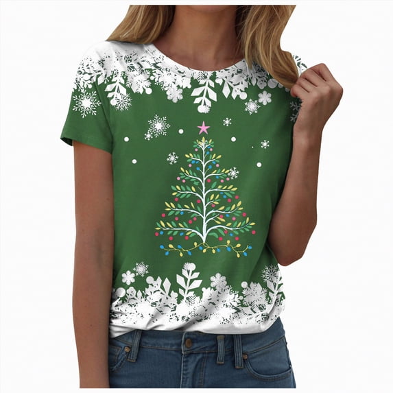 Duqingm Christmas Vibes Shirt Christmas Shirts for Women Merry and Bright Shirt Xmas Tree Graphic Tee Christmas Short Sleeve Holiday Tops Green,M