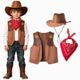 thumbnail image 1 of Duqingm Cowboy Cowgirl Outfits for Boys, Toddler Kids Dress Up Role Play Parties Cowboy Kids' Vest & Bandana Set Hat Brown,12-18 Months, 1 of 5
