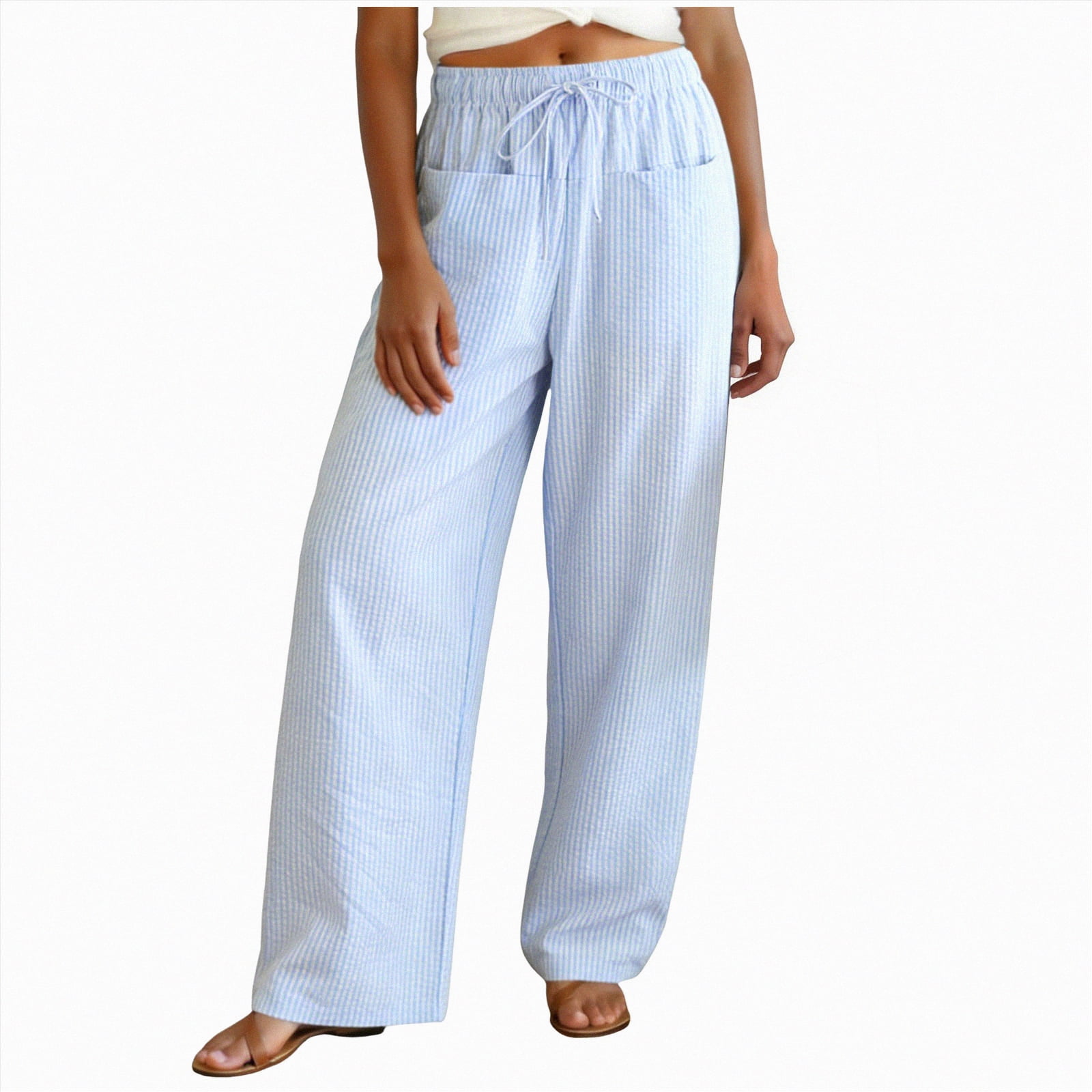 Duqingm Cute Pants Womens Striped Pants Wide Leg High Waisted Lounge ...