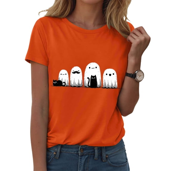Duqingm Ghost Halloween T-Shirt for Women Cute Ghost Cat Graphic Tee Spooky Season Shirt Vintage Short Sleeve Casual Fall Tops,2XL