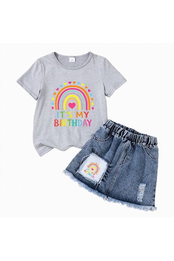 Girls Clothes 2 Piece Bow/Rainbow Print Short Sleeve Top & Ripped Jeans Set Girls Summer Demin Shorts Outfits Q,6-7 Years