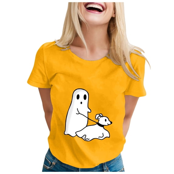 Duqingm Halloween Shirt for Women Ghost Costume Spooky Seson Tee Crewneck Short Sleeve Comfortable Tops,L