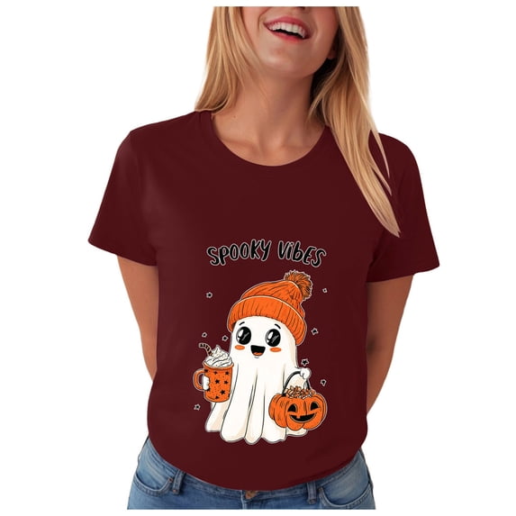 Duqingm Halloween Shirts for Women Funny Halloween Pumpkin Graphic Short Sleeve Shirt Casual Fall Tee Tops,L