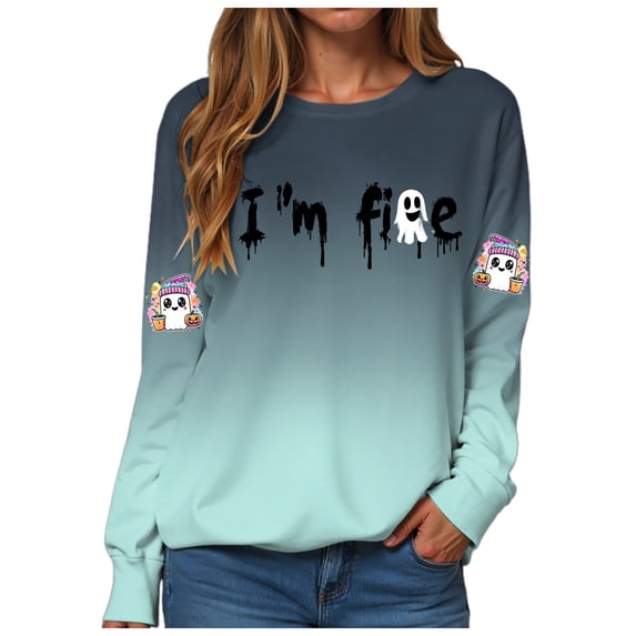 Duqingm Halloween Shirts for Women Long Sleeve Crewneck Casual Dressy Tops Funny Graphic Halloween Costumes Fall Fashion Outfits,2XL