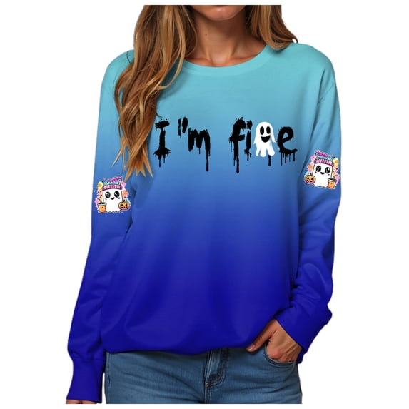 Duqingm Halloween Shirts for Women Long Sleeve Crewneck Casual Dressy Tops Funny Graphic Halloween Costumes Fall Fashion Outfits,2XL