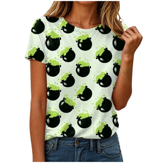 Duqingm Halloween Shirts for Women Short Sleeve Cute Print T Shirt Halloween Costumes for Women 2026,S