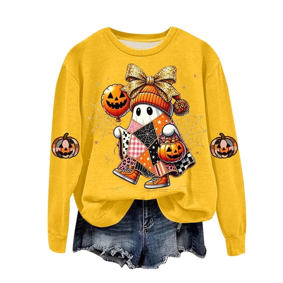 Duqingm Halloween Spooky T Shirt for Women Cute Ghost Pumpkin Bow Graphic Tees Casual Spooky Season Short Sleeve Tee Tops,XL