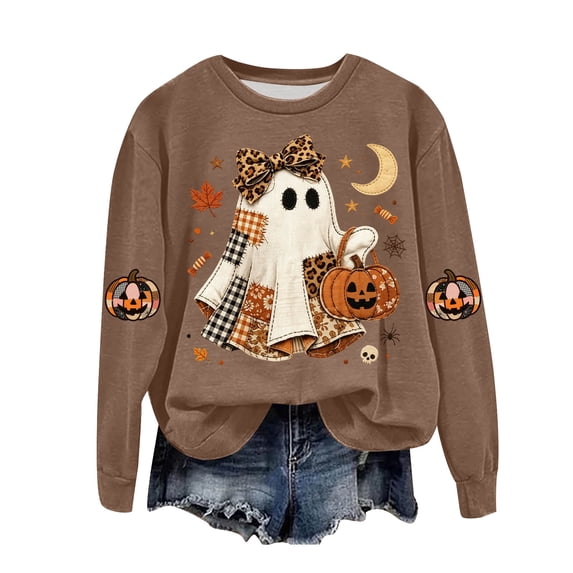 Duqingm Halloween Sweatshirts for Women Ghost Oversized Crewneck Sweatshirt Cute Pumpkin Graphic Fleece Pullover,XL