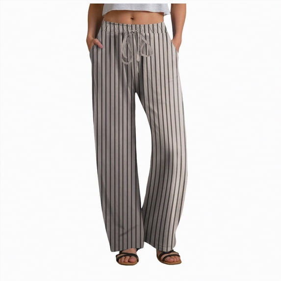 Duqingm Lounge Pants Women Trousers Pants for Women Striped Drawstring Wide Leg Elastic Waist Pants Casual Trousers with Pockets Beige,3XL