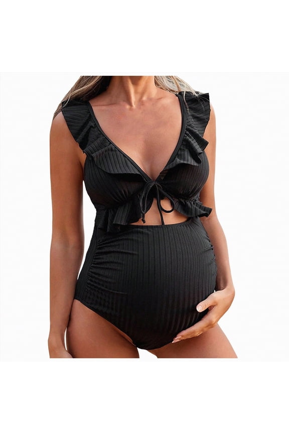 Maternity Bikini Maternity One Piece Swimsuit Scoop Neck Pregnancy Bathing Suit for Women Wide Straps Criss Back Tie Ribbed Black,L