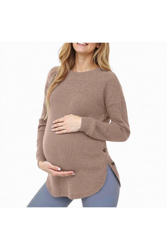Maternity Fall Clothes Women's Maternity Long Sleeve T-Shirts Round Neck Side Split Tops Loose Casual Pregnancy Mama Clothes Fall Khaki,XL