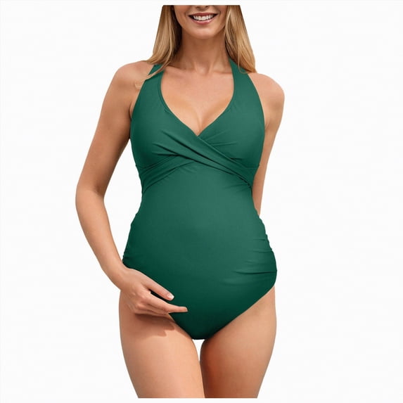 Duqingm Maternity Swimsuit Plus Size Maternity Swimsuit One Piece Bathing Suit for Women Pregnancy Swim Ribbed Ruched Modest Swimwear Beach Wear Green,M
