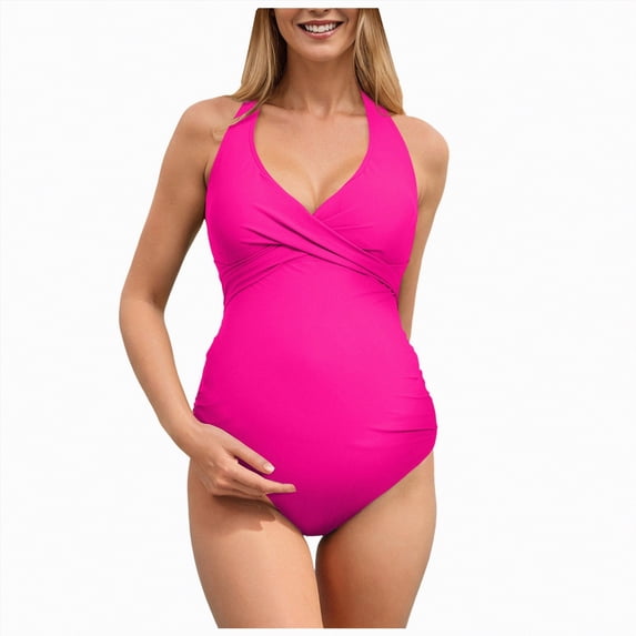 Duqingm Maternity Swimsuit Ribbed Maternity One Piece Swimsuit Ruffle Wood Ears Bathing Suit Scoop Neck Pregnancy Swimwear Pink,M