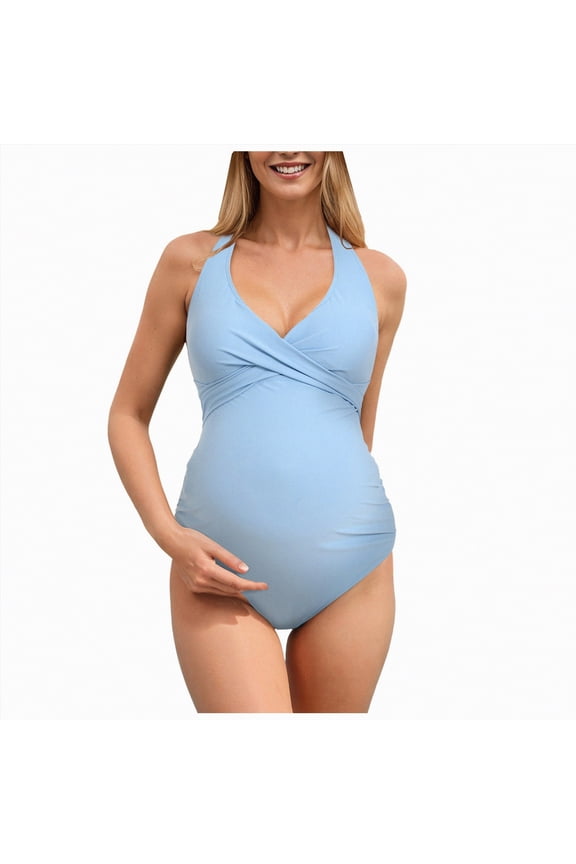 Maternity Swimsuits for Women Maternity Swimsuit One Piece Bathing Suit Button Neck Cross Back Blue,M
