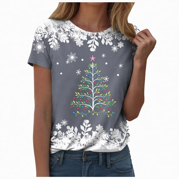 Duqingm Merry Christmas Shirt Womens Christmas Light Shirt: Merry Christmas Tee Shirts Xmas T-Shirt Christmas Bright Short Sleeves Top Grey,XL