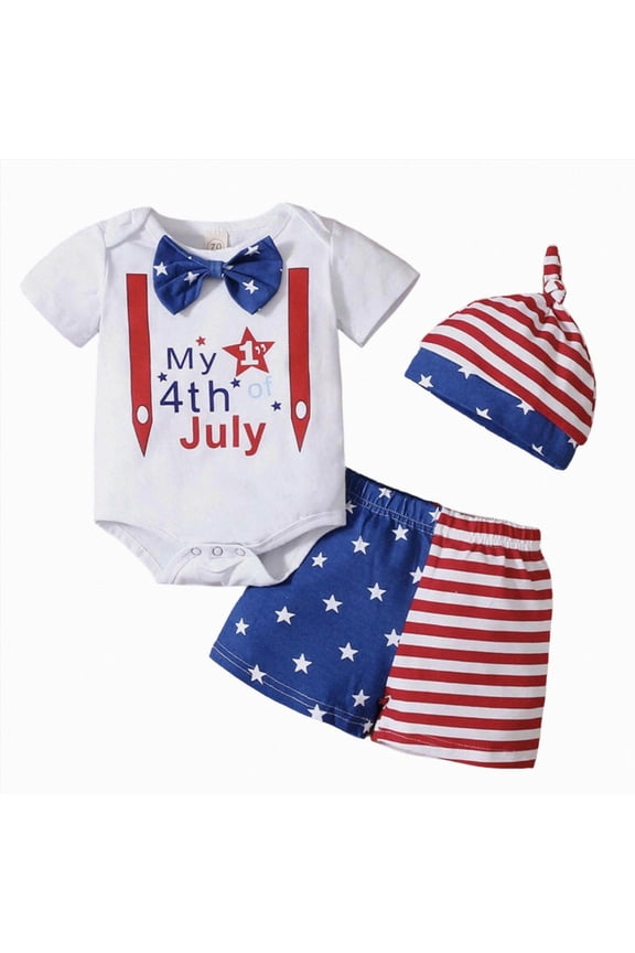 My First Baby Boy 4th of July Outfit Newborn Romper + Stars Stripe Short American Flag Summer Sets + Cute Hats Boy Outfit Red,3-6 Months