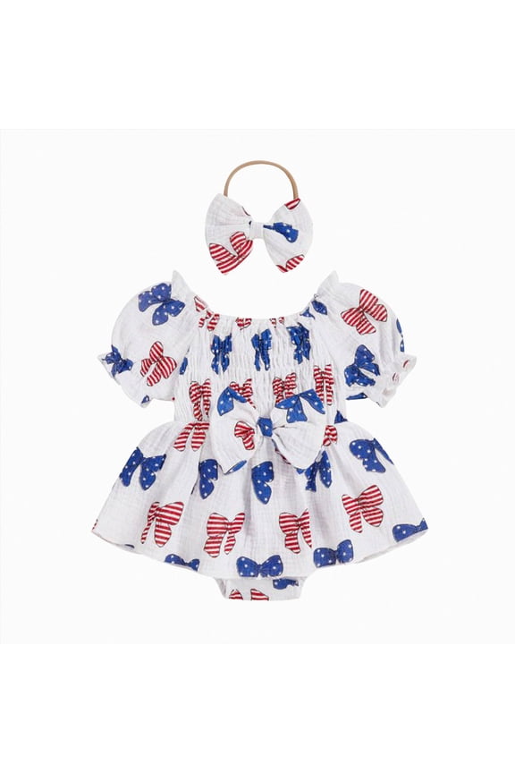 Newborn 4th of July Outfit 3 6 12 18 Months Girl Fourth Clothing for Baby USA Smocked Bubble Romper Infant Bodysuit Memorial Day Infant Romper Girl White,12-18 Months