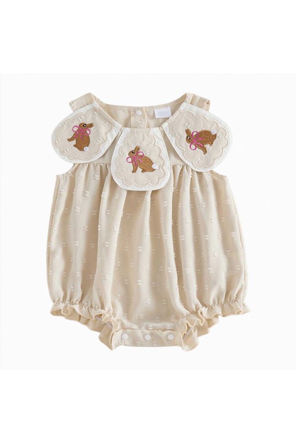 Newborn Baby Girl Easter Outfit Bunny Bow Embroidery Collar Sleeveless Bubble Romper Bodysuit Jumpsuit Clothes Beige,0-3 Months