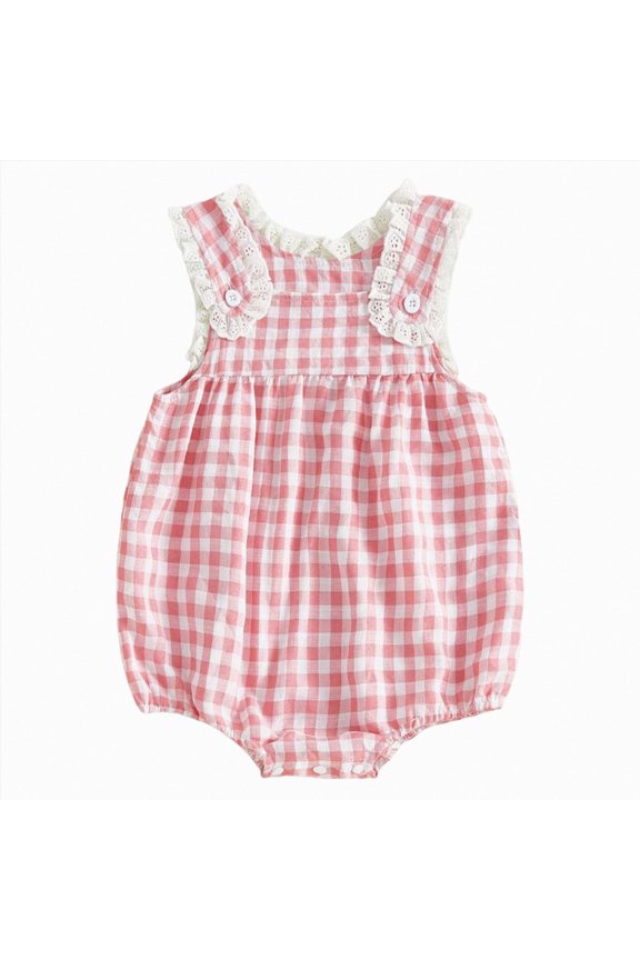 Newborn Baby Girl Romper 0 3 6 12 18 24 Months Summer Sleeveless Plaid Smocked Cotton Linen Clothes Outfit Jumpsuit Red,0-3 Months