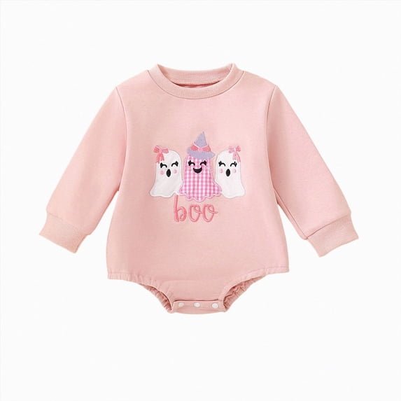 Duqingm Newborn Infant Baby Girl Halloween Outfits Embroidered Pumpkin Ghost Onesie Long Sleeve Smocked Bubble Romper (Pink,3-6 Months)