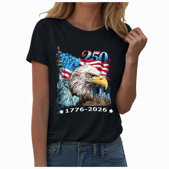 Duqingm Patriotic Tops For Women Womens USA T Shirt American Flag Patriotic Shirts Womens Graphic T Shirts Round Neck Short Sleeve Tops Black,M