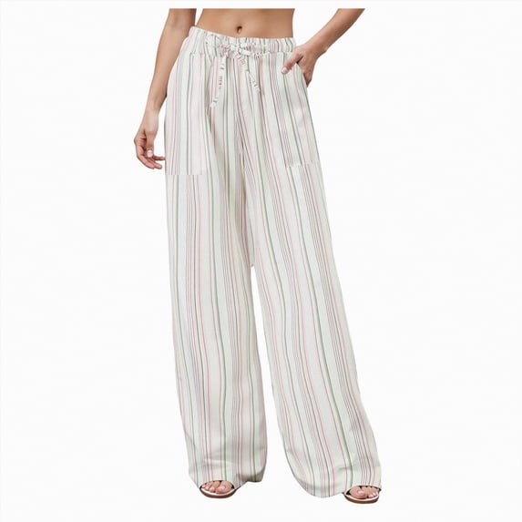 Duqingm Striped Fold Over Pants Women's Wide Leg Striped Pants Casual Drawstring Elastic Low Rise Pajama Pants Lounge Wear Trousers Red,M