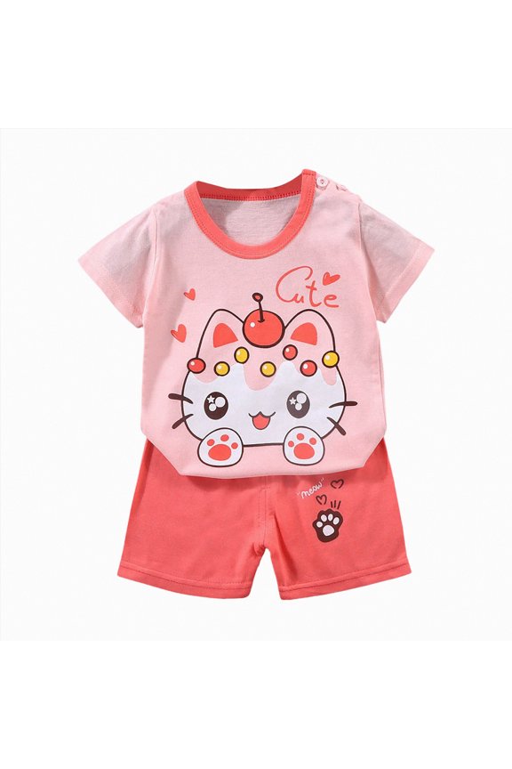 Summer Sets for Girls Baby Boys Shirt and Pant Set, Top & Shorts Outfit Bundle, 106% Organic Cotton Watermelon Red,6-12 Months