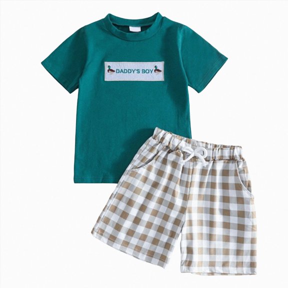 Duqingm Toddler Baby Boy Hunting Outfit Daddy's Boy Letter Short Sleeve Duck T-shirt Plaid Shorts Two Piece Clothes Dark Green,18-24 Months