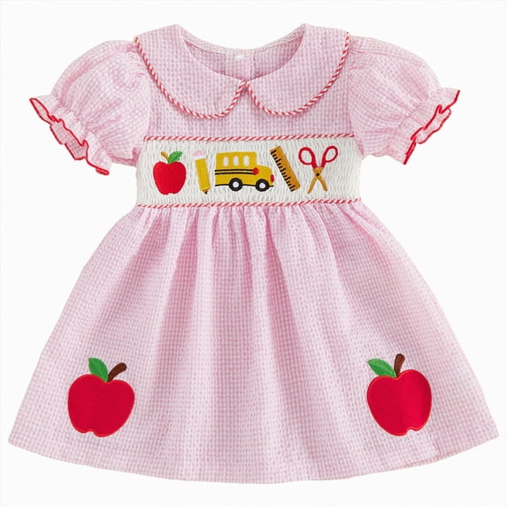 Duqingm Toddler Baby Girl Back to School Outfit Apple Sleeveless Dress Fly Sleeve Smocked Dresses Girls Summer Clothes Girl's Dress Pink,5-6 Years
