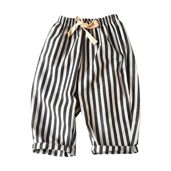 Duqingm Toddler Girl Boy Cotton Linen Pants Striped Wide Leg Casual Pant Elastic Waist Fall Trousers Kids Loose Long Pants (Black,3-4 Years)
