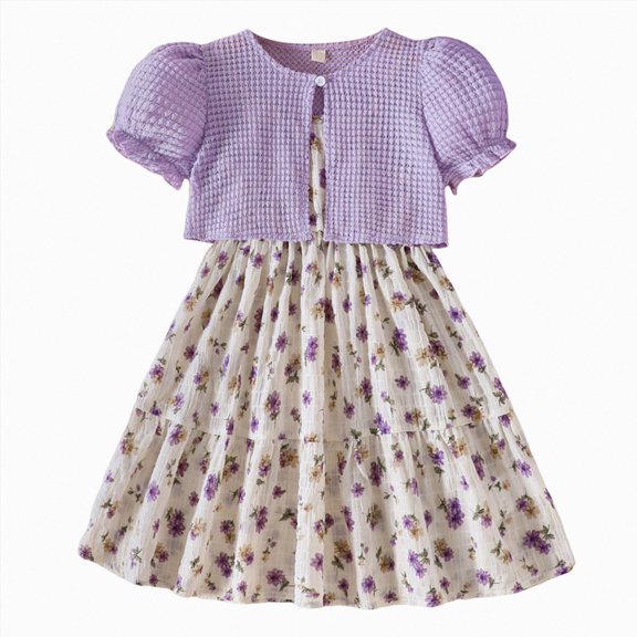 Duqingm Toddler Girls Outfit 2-Piece Sleeveless Dress Set Floral Princess Outfit Cardigan Set 3-7t Purple,5-6 Years