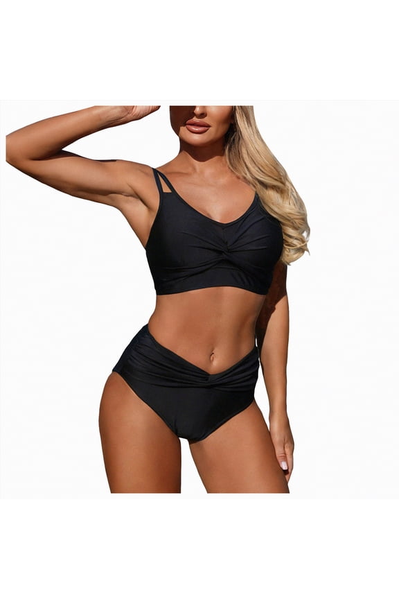 Vacation Outfits for Women Women's High Waisted Bikini Deep V Neck Two Piece Swimsuit Tummy Control Bathing Suits Black,2XL
