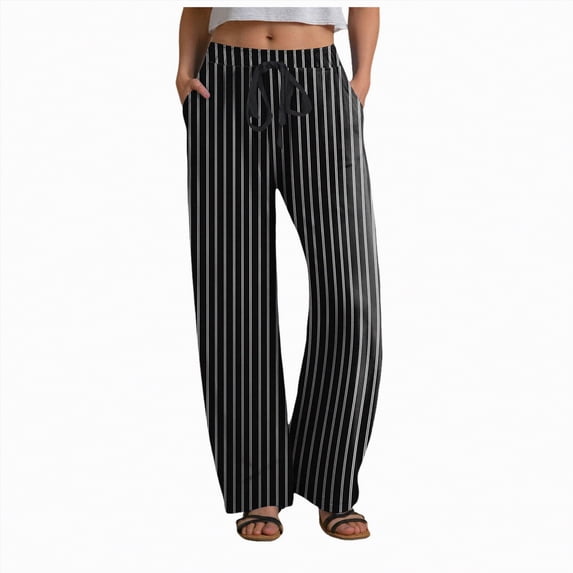 Duqingm Wide Leg Pants for Women Womens Striped Barrel Casual Pants 2026 Trendy Summer Elastic Drawstring Baggy Lounge Wide Leg Trousers with Pockets Black,M