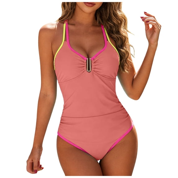 Duqingm Womens Bathing Suits Women Sexy Tummy Control One Piece Swimsuits Halter Push Up Bathing Suits Pink,S